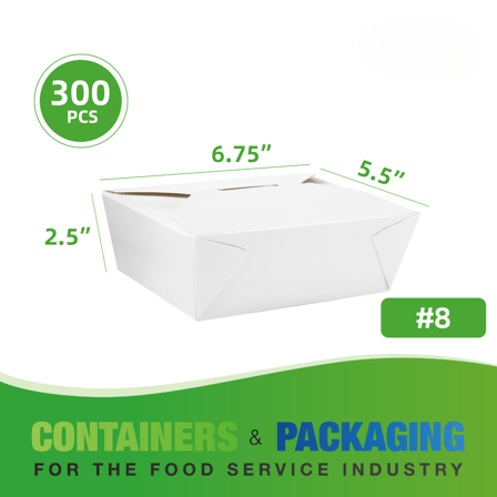 #8 White Microwavable Folded Paper Take-Out Containers 6.75" x 5.5" x 2.5" - (300/Case)