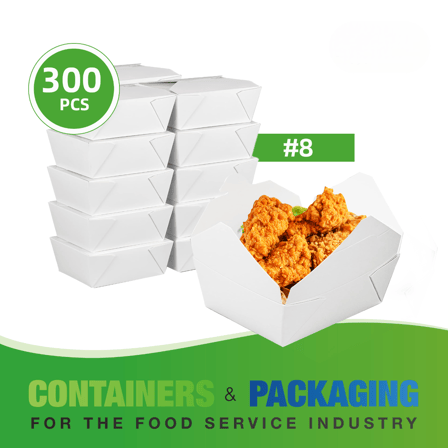 #8 White Microwavable Folded Paper Take-Out Containers 6.75" x 5.5" x 2.5" - (300/Case)