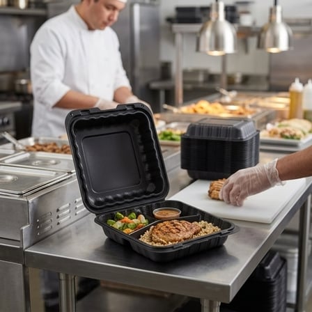 8" x 8" 3-Compartment Microwaveable Black Mineral-Filled Plastic Hinged Take-Out Container - (150/Case) product image
