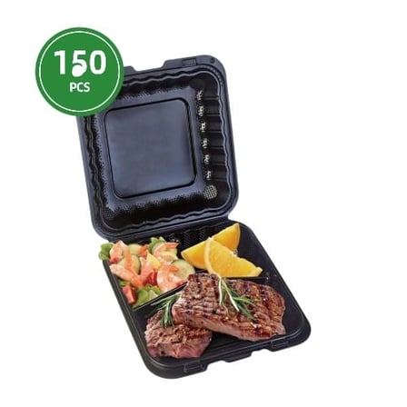  8x8 black Mineral Filled PP container containing a juicy steak paired with a salad