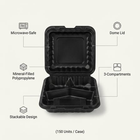8" x 8" 3-Compartment Microwaveable Black Mineral-Filled Plastic Hinged Take-Out Container - (150/Case) product image