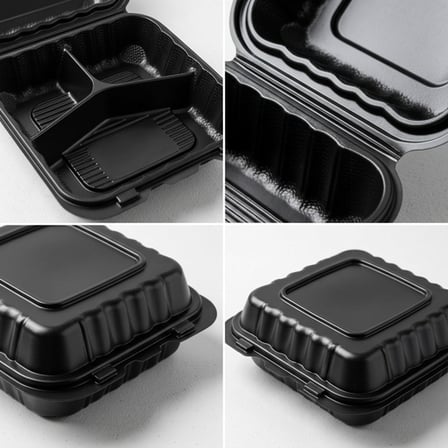 8" x 8" 3-Compartment Microwaveable Black Mineral-Filled Plastic Hinged Take-Out Container - (150/Case) product image