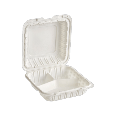 8"x8" 3-Compartment Microwaveable White Mineral-Filled Plastic Hinged Take-Out Container