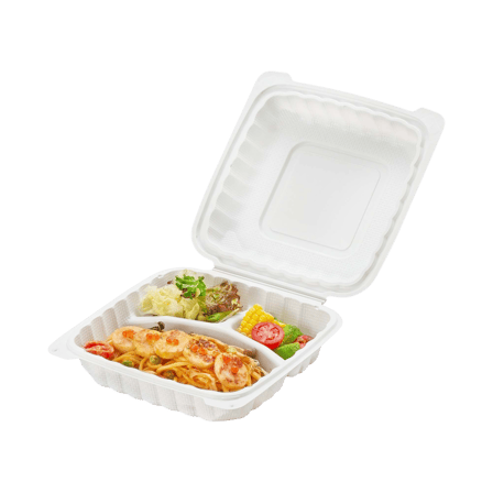 9x9 white takeout container with three compartments, each holding a different kind of food