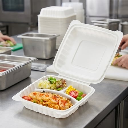 8" x 8" 3-Compartment Microwaveable White Mineral-Filled Plastic Hinged Take-Out Container - (150/Case) product image