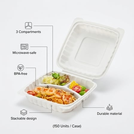 8" x 8" 3-Compartment Microwaveable White Mineral-Filled Plastic Hinged Take-Out Container - (150/Case) product image