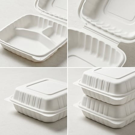 8" x 8" 3-Compartment Microwaveable White Mineral-Filled Plastic Hinged Take-Out Container - (150/Case) product image