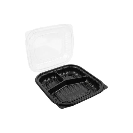 8 x 8 Black & Clear Microwavable PP Plastic Hinged Container, 3-Compartment.jpg