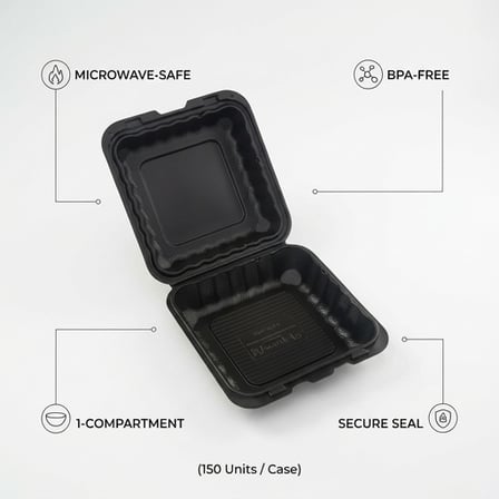 8" x 8" 1-Compartment Microwaveable Black Mineral-Filled Plastic Hinged Take-Out Container - (150/Case) product image