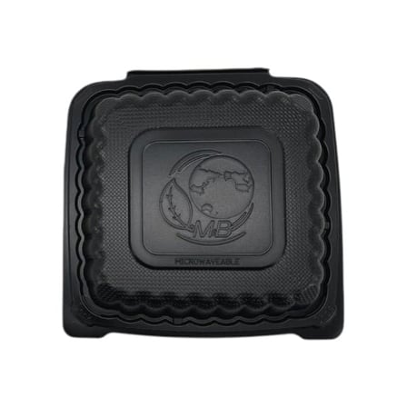 8 x 8 Black TFPP plastic clamshell to-go container with closed lid.jpg