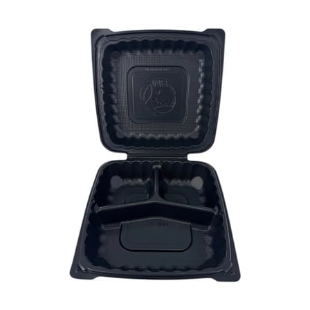 3-Compartment​ 8 x 8 black TFPP plastic clamshell to-go container.jpg