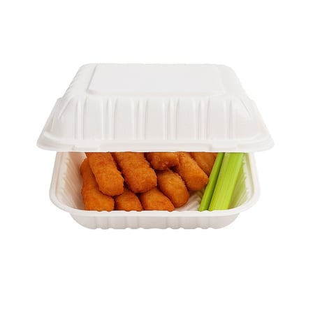 8 x 8 Microwavable White 1-Compartment MFPP Plastic Hinged Take-out Container with fried fish sticks and a celery stick.jpg
