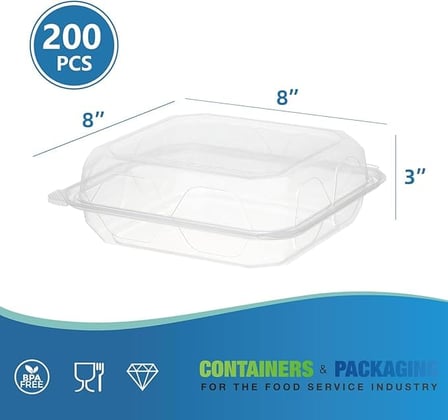 8'' x 8'' x 3'' Clear PET plastic hinged container shown with dimensions.jpg