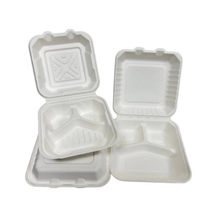 Multiple sizes of bagasse clamshell take-out containers.jpg