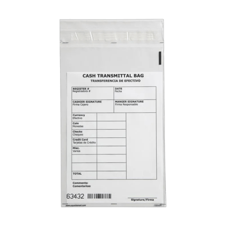 8.5" x 8"cash transmittal bag with printed fields for register number, date, signatures, and currency details..png