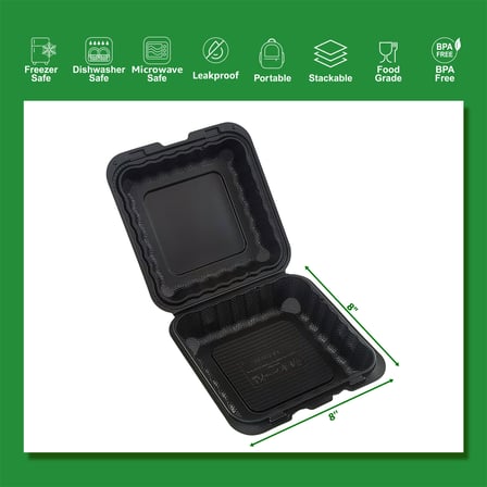 8" x 8" 1-Compartment Microwaveable Black Mineral-Filled Plastic Hinged Take-Out Containers - (150/Case)