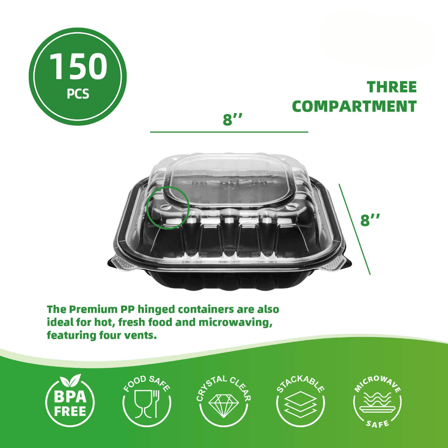 8" x 8" Microwaveable 3-Compartment Black Base with Clear Hinged Lid Plastic Take-out Containers - (150/Case)