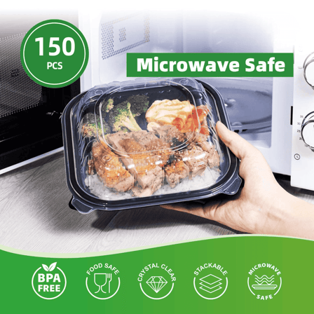 8" x 8" Microwaveable 3-Compartment Black Base with Clear Hinged Lid Plastic Take-out Containers - (150/Case)
