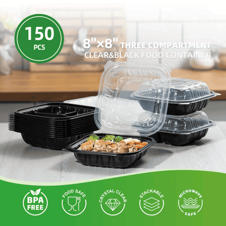 8" x 8" Microwaveable 3-Compartment Black Base with Clear Hinged Lid Plastic Take-out Containers - (150/Case)