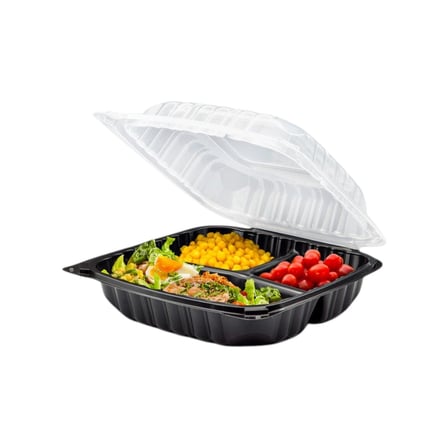 8 x 8 Microwaveable 3-Compartment Black Base with Clear Hinged Lid Plastic Take-out Container.jpg