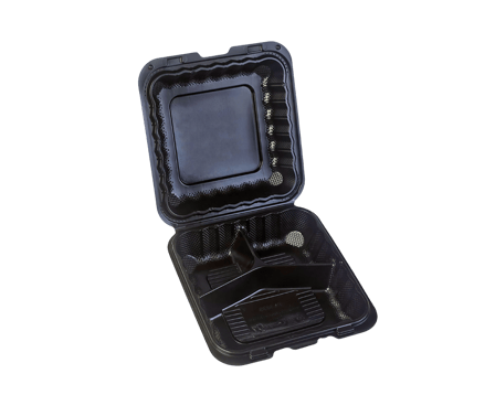 8" x 8" 3-Compartment Microwaveable Black Mineral-Filled Plastic Hinged Take-Out Containers - (150/Case)