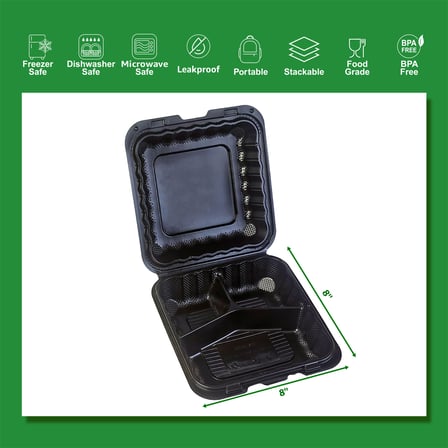 8" x 8" 3-Compartment Microwaveable Black Mineral-Filled Plastic Hinged Take-Out Containers - (150/Case)