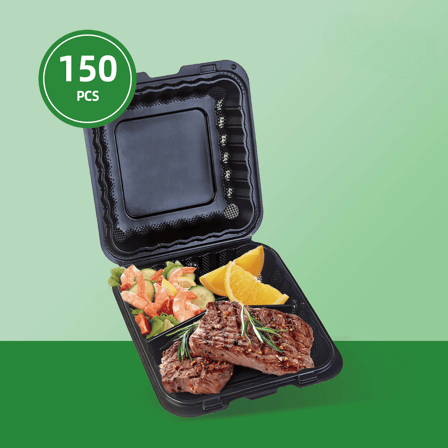 8" x 8" 3-Compartment Microwaveable Black Mineral-Filled Plastic Hinged Take-Out Containers - (150/Case)