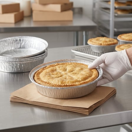 Freshly baked pie in 8 inches aluminum foil pan on commercial kitchen counter.png
