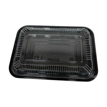 9.09” x 6.3” x 1.3” Black disposable plastic bento box with clear lid.jpg
