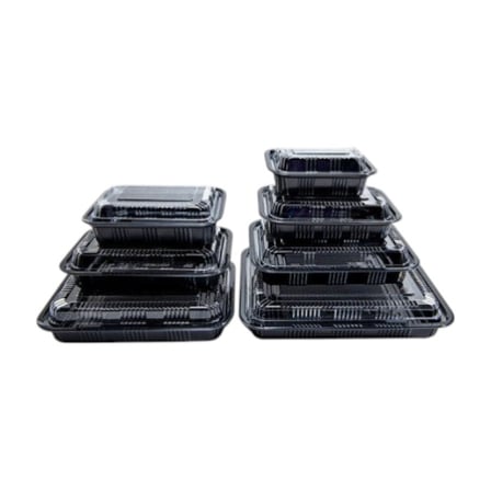 Black disposable plastic bento box​es with clear dome lids in various sizes.jpg