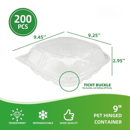 9 x 9 Inches Clear PET Plastic Hinged Take-Out Container Showing with Dimensions.jpg