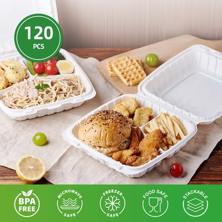 9" x 9" x 3" 3-Compartment Microwaveable White Mineral-Filled Plastic Hinged Take-Out Containers - (120/Case)