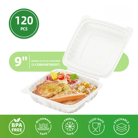 9" x 9" x 3" 3-Compartment Microwaveable White Mineral-Filled Plastic Hinged Take-Out Containers - (120/Case)