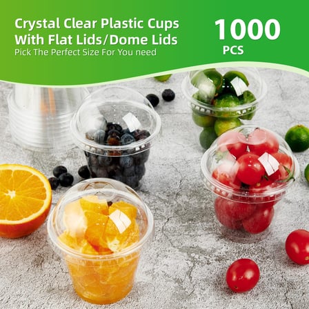 9 oz. Clear plastic cups filled with fruit, shown with dome and flat lids