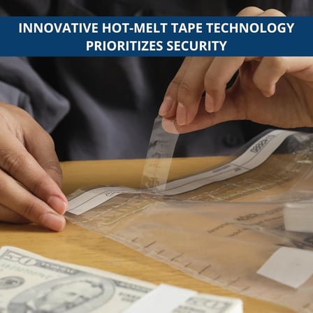 Hot-melt adhesive seal on 9" x 12" clear cash deposit bag