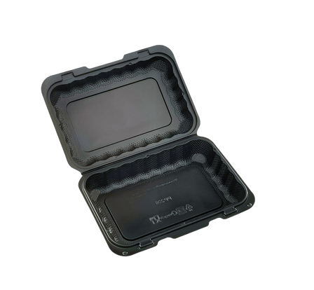 Empty black MFPP microwaveable container, 9x6 inches, with a hinged lid