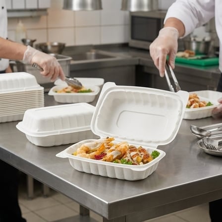 9" x 6" 1-Compartment Microwaveable White Mineral-Filled Plastic Hinged Take-Out Container - (150/Case) product image