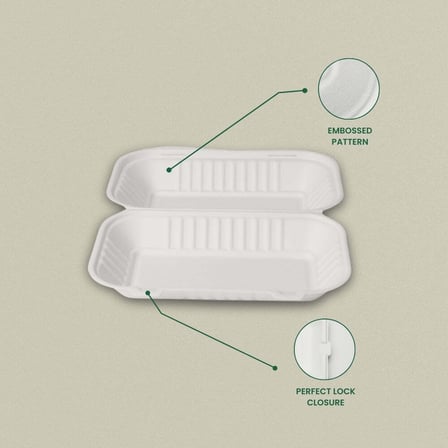 9 x 6 Heavy duty compostable bagasse clamshell to-go container with embossed pattern and secure lock closure.jpg