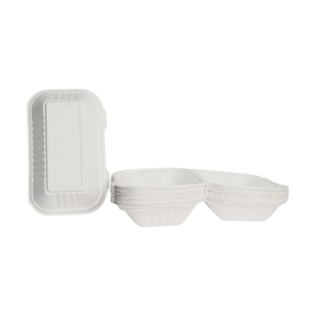 Stack of 9 x 6 heavy duty white compostable clamshell containers for food packaging.jpg