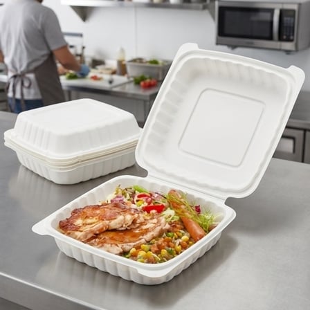 9" x 9" 1-Compartment Microwaveable White Mineral-Filled Plastic Hinged Take-Out Container - (150/Case) product image