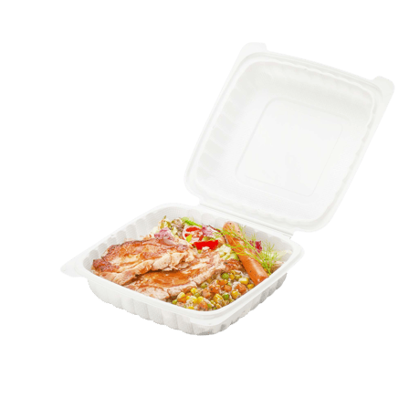9x9 takeout container filled with a variety of food items, ready for consumption.
