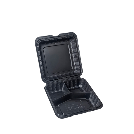 9x9 Black Mineral Filled plastic take out container with a designated compartment for portion control.