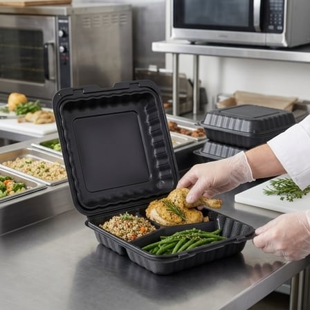 9" x 9" 3-Compartment Microwaveable Black Mineral-Filled Plastic Hinged Take-Out Container - (150/Case) product image