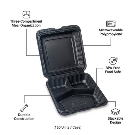 9" x 9" 3-Compartment Microwaveable Black Mineral-Filled Plastic Hinged Take-Out Container - (150/Case) product image