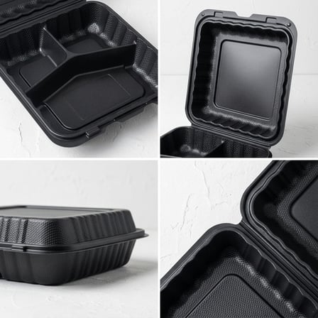 9" x 9" 3-Compartment Microwaveable Black Mineral-Filled Plastic Hinged Take-Out Container - (150/Case) product image