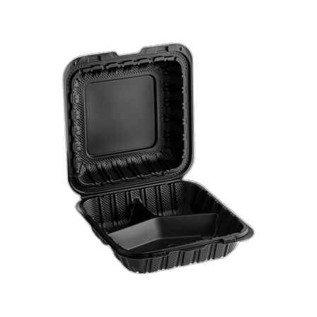 9"x9" 3-Compartment Microwaveable Black Mineral-Filled Plastic Hinged Take-Out Container