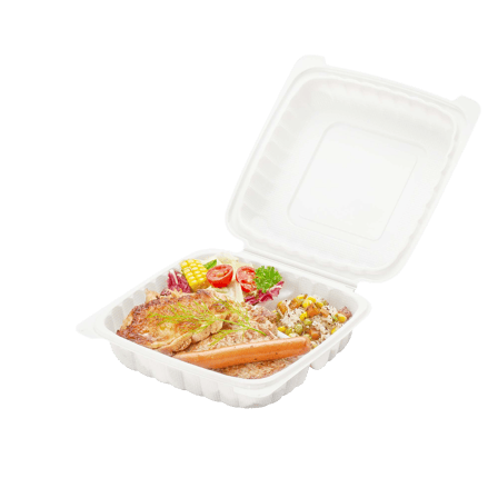 9x9" white Mineral Filled PP take-out box with three sections, each filled with different food items.