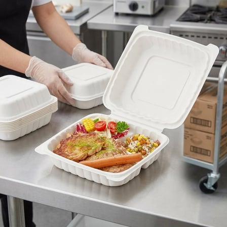 9" x 9" 3-Compartment Microwaveable White Mineral-Filled Plastic Hinged Take-Out Container - (150/Case) product image