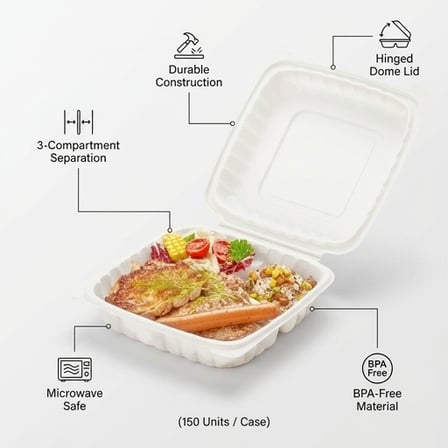 9" x 9" 3-Compartment Microwaveable White Mineral-Filled Plastic Hinged Take-Out Container - (150/Case) product image