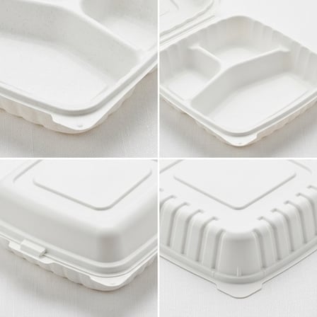 9" x 9" 3-Compartment Microwaveable White Mineral-Filled Plastic Hinged Take-Out Container - (150/Case) product image